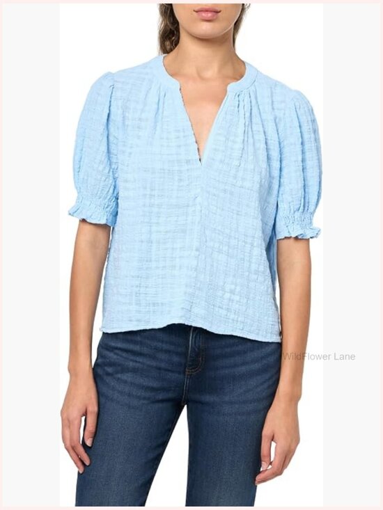 Tops - Textured Gauze Blouse with Notch Neck Short Sleeve